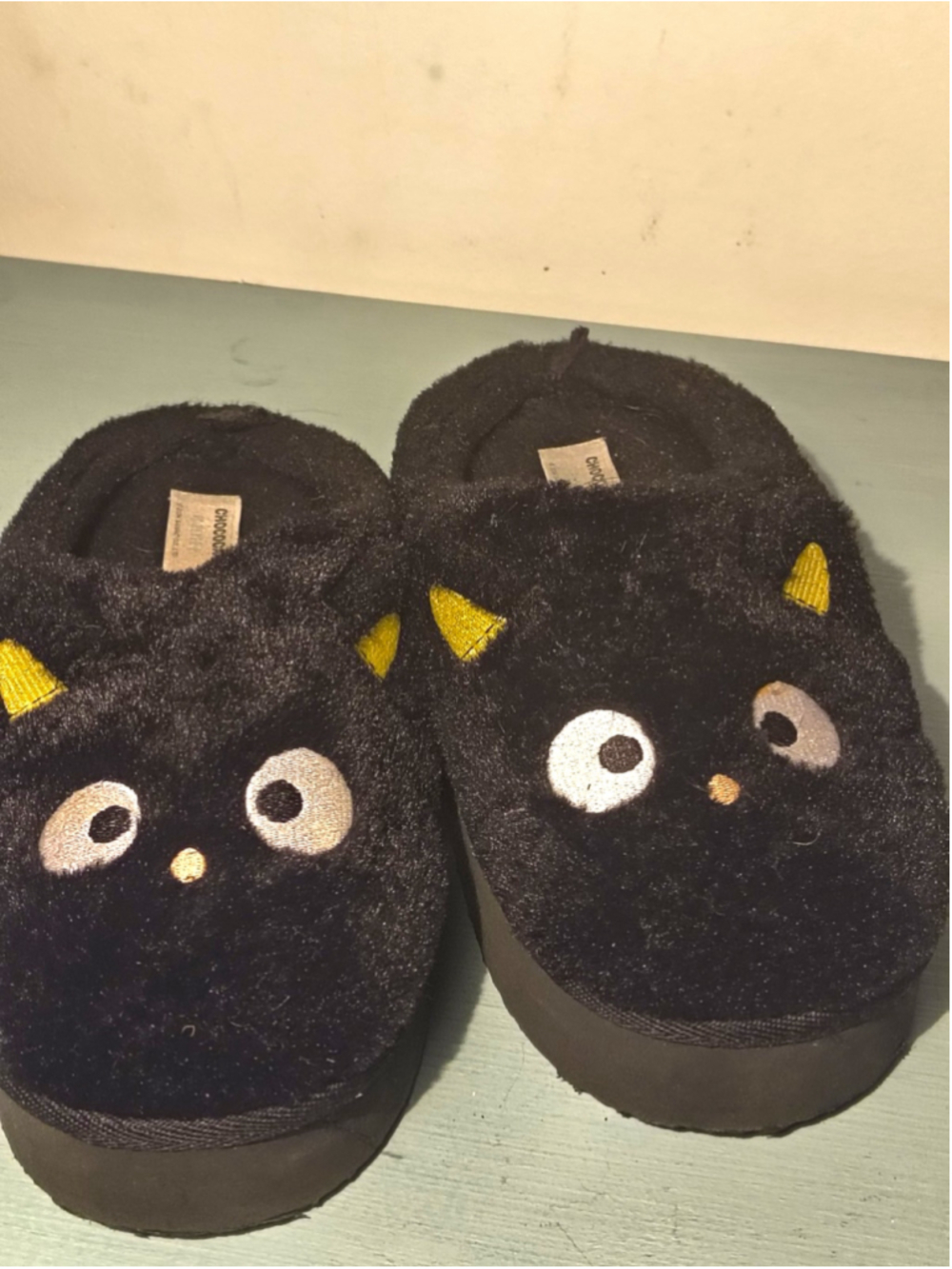 Chococat Chococat Black Faux Fur Fleece Slip-On Slippers Embroidered